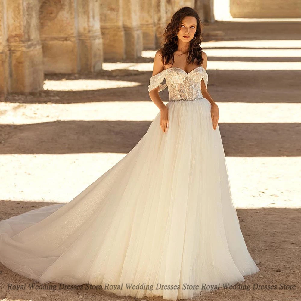 

Retro A Line Wedding Dresses Off-the-shoulder Sleeveless Open Beck V Neck Tulle 2022 Brush Summer Floor Length Gowns Robe De Ma