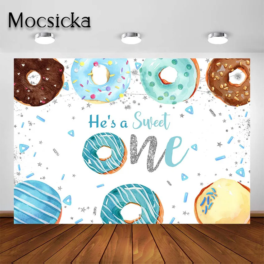 Mocsicka Donut Backdrop for Boy 1st Birthday He's a Sweet One Birthday Party Decorations Doughnut Theme Dessert Table Background