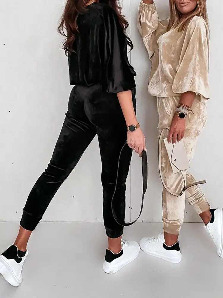 

Shein Romwe Set Of Two Fashion Pieces For Women Velvet Lantern Sleeve Top & Pocket Design Pants Set Urbano Tracksuit FreteGratis