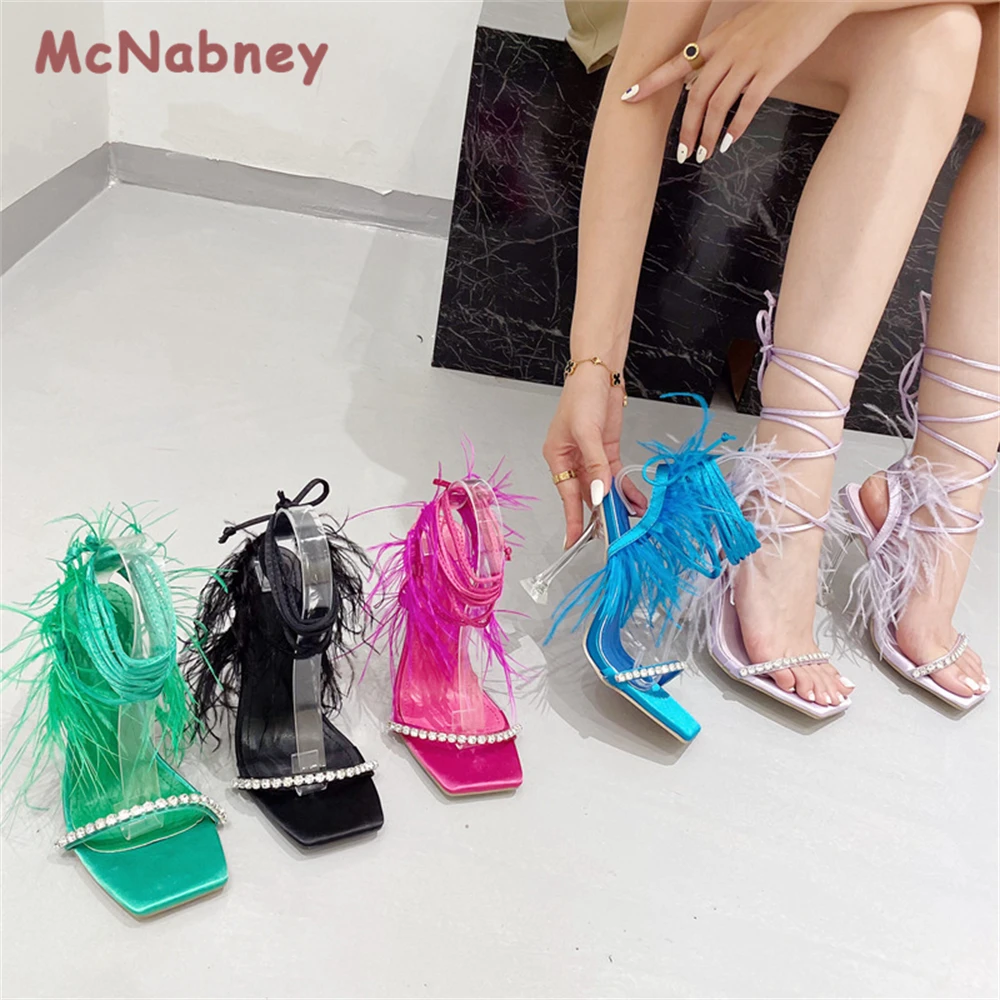 Fashion Summer Crystal Heel Rhinestone Feather Women Sandals Lace-Up Cross-Tied Sexy Square Toe Ladies High Heel Shoes