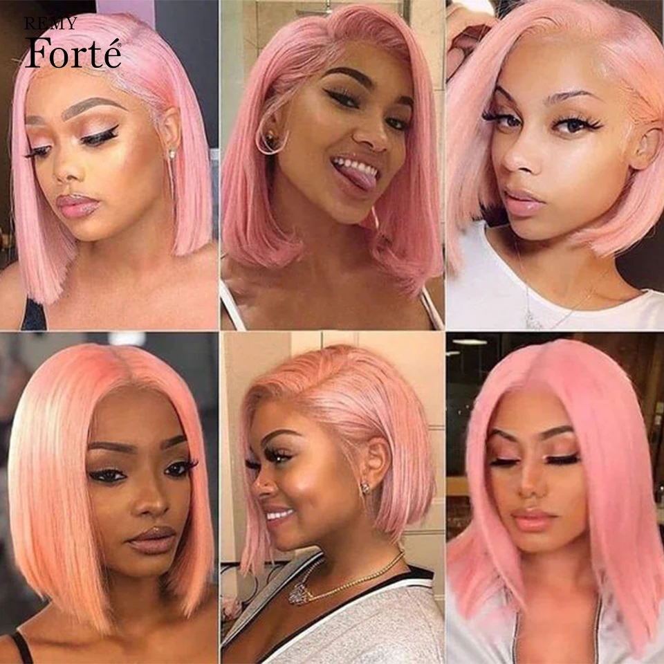 Pink Bob Short Cut Wigs Blonde Straight Lace Front Human Hair Wigs 180D Transparent Lace Pre Plucked Brazilian Bob Lace Wigs images - 6