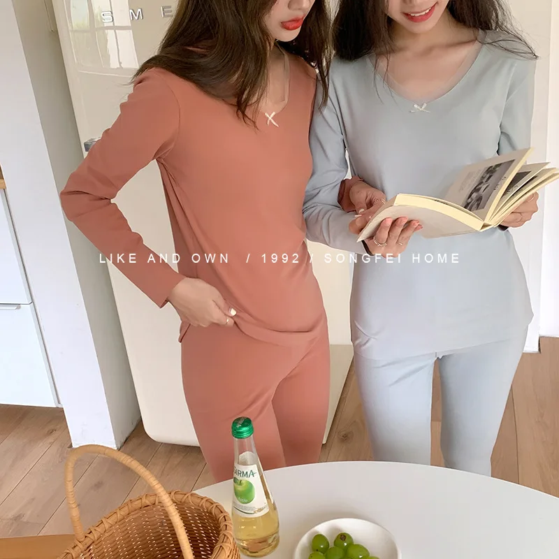 New De Rong Thermal Underwear Women's Pajamas Mesh Round Neck Light Waist Autumn Clothes Pants Suit Tight Heating Clothes