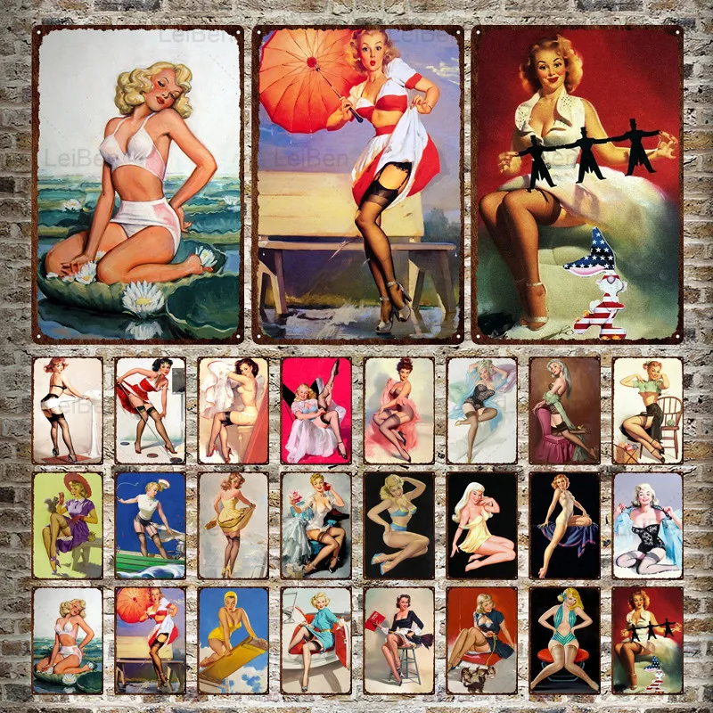 

Vintage Plaque Sexy Lady Metal Sign Tin Pin Up Girl Retro Poster Wall Decor Garage Bar Pub Club Man Cave Iron Painting 20X30CM