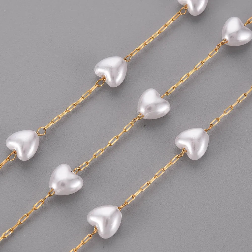 

1m 3.28 Feet Handmade Plastic Imitation Pearl Chains with 304 Stainless Steel Paperclip Chains Link: 2.5x1x0.2mm Heart: 6x6x4mm