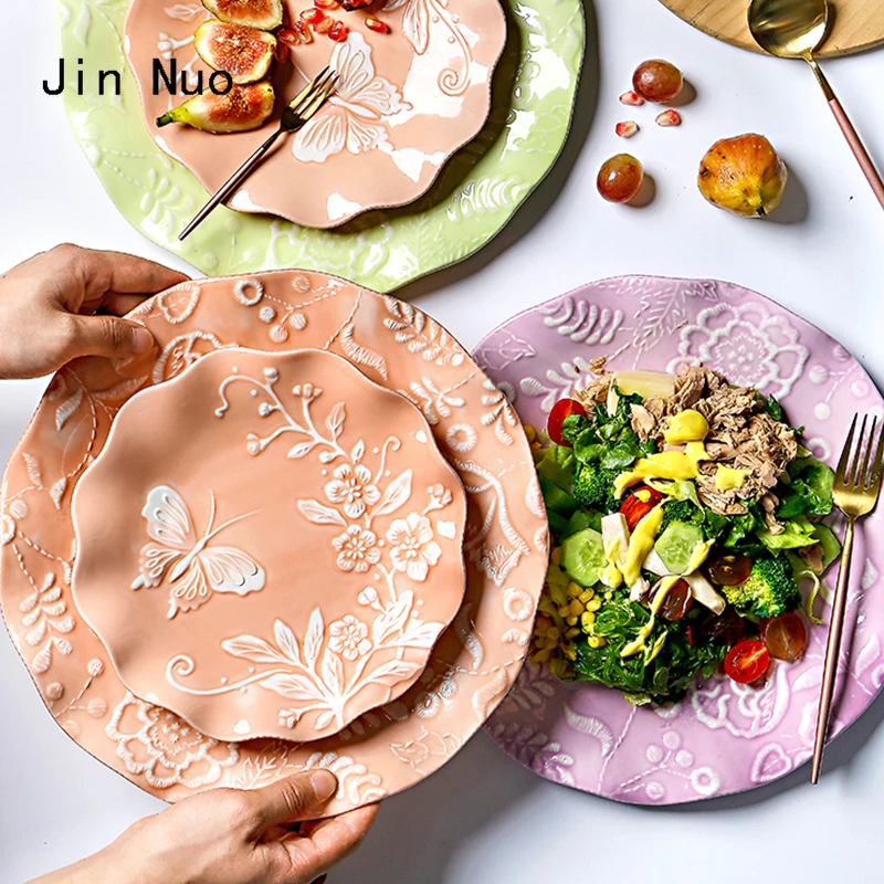 

Nordic 12 Inches Relief Ceramic Plate American Home Dining Table Decor Dessert Plate Underglaze Color Craft Restaurant Tableware