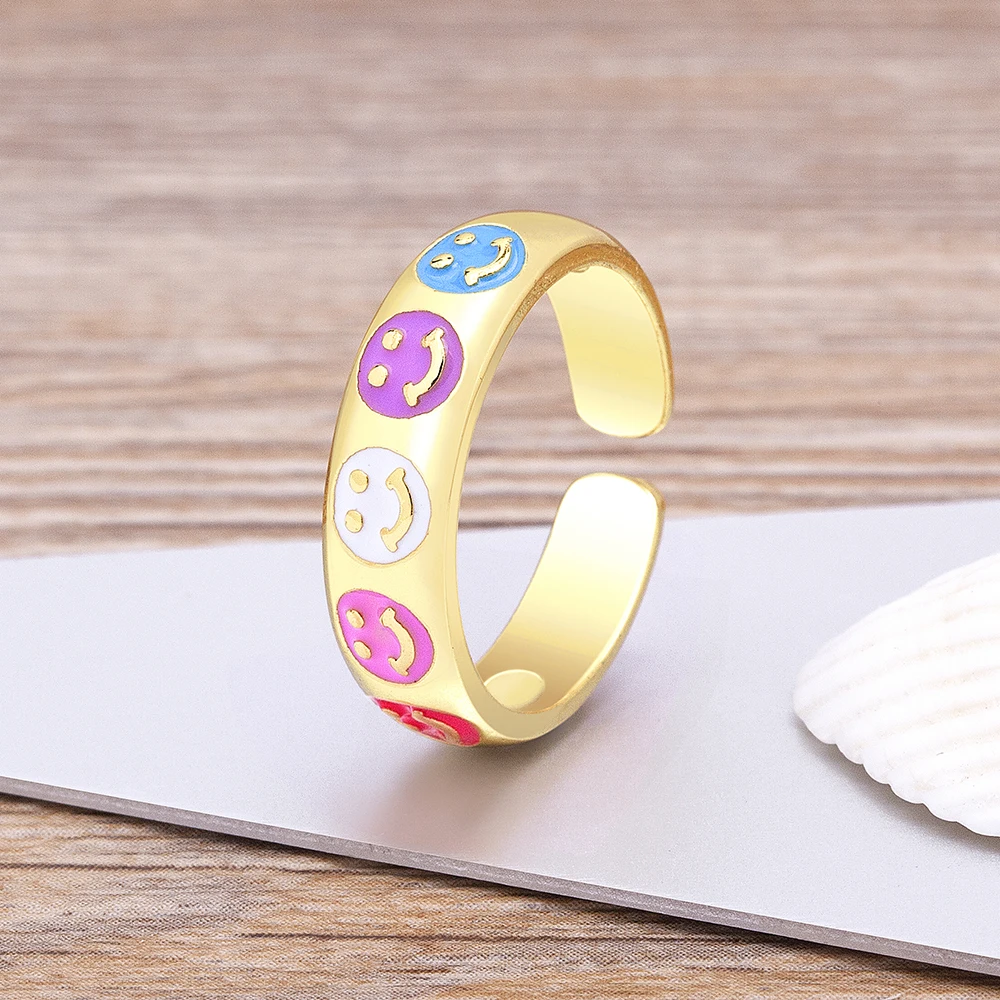 

AIBEF New Korean Fashion Enamel Candy Color Smiling Face Opening Adjustable Ring Retro Oil Dripping Women's Wedding Jewelry Gift