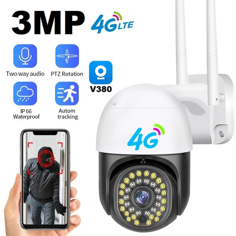 V380 3MP 4G Auto Tracking PTZ Camera 10X Zoom Outdoor 4G Sim Card IP Camera Home Security Two Way Audio Full Color Night Vision