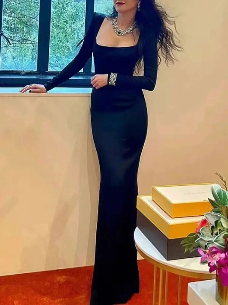 

Ailigou 2022 Fall New Women's Black Long Sleeve Sexy Skinny Long Dresses Square Neck Elegant Celebrity Party Dresses Vestidos