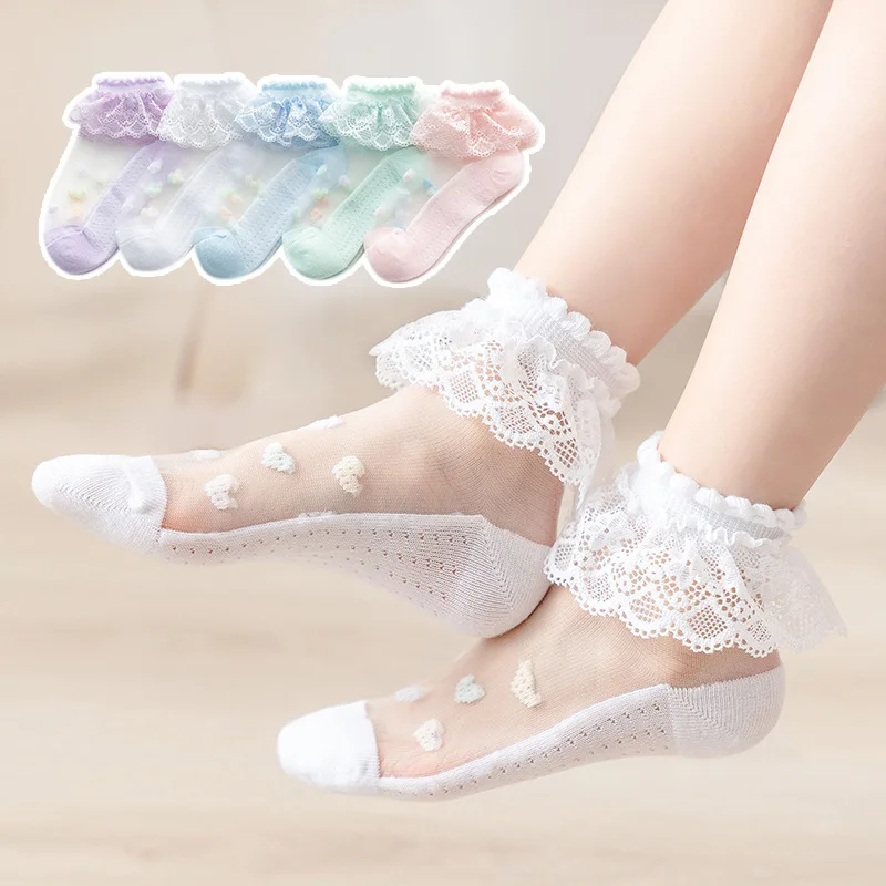 

5 Pairs Children Socks Summer Mesh Socks Girls Ankle Length Princrss Lace Socks