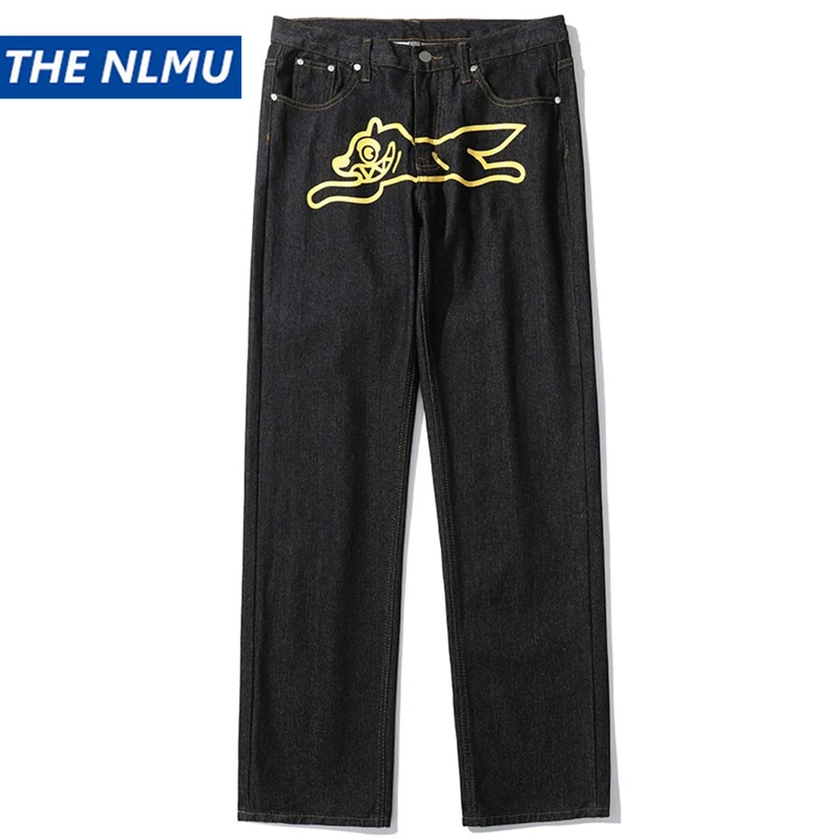 Hip Hop Streetwear Baggy Jeans Dog Printed Loose Straight Denim Pants Men Black Harajuku Jeans Trousers