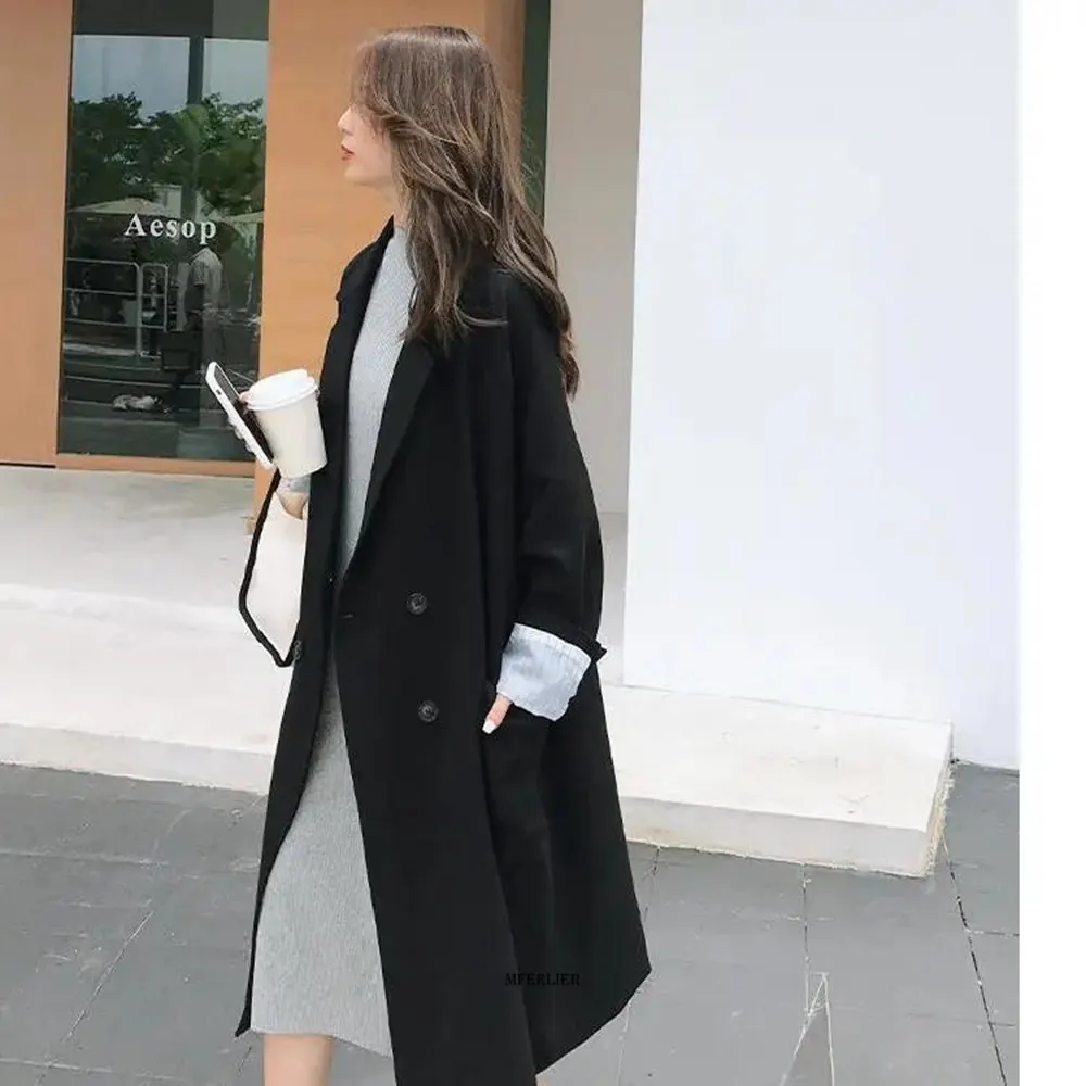 Size 6XL 150kg Spring Women Woolen Long Trench Coat Female Long Suit long sleeve Lady Trend Casual Green Black Jacket Outwear images - 6