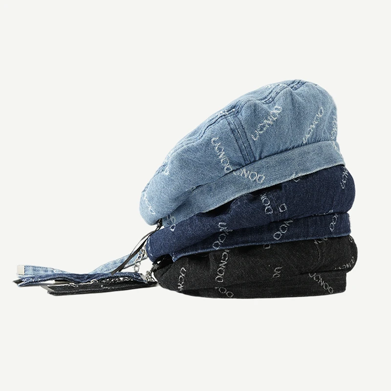 Light Luxury Classic Design Autumn And Winter Day System Metal Chain Denim Beret Female Out Street Concave Modeling Painter Hat