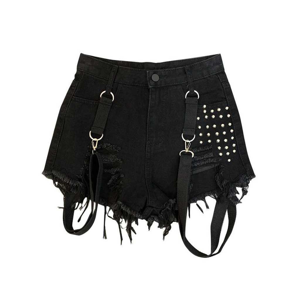 

New Summer Fashion Women's Shorts Black Punk High Waist Tassel Belt Rivet Denim Pantsuits Female Gothic Short Jeans Mujer