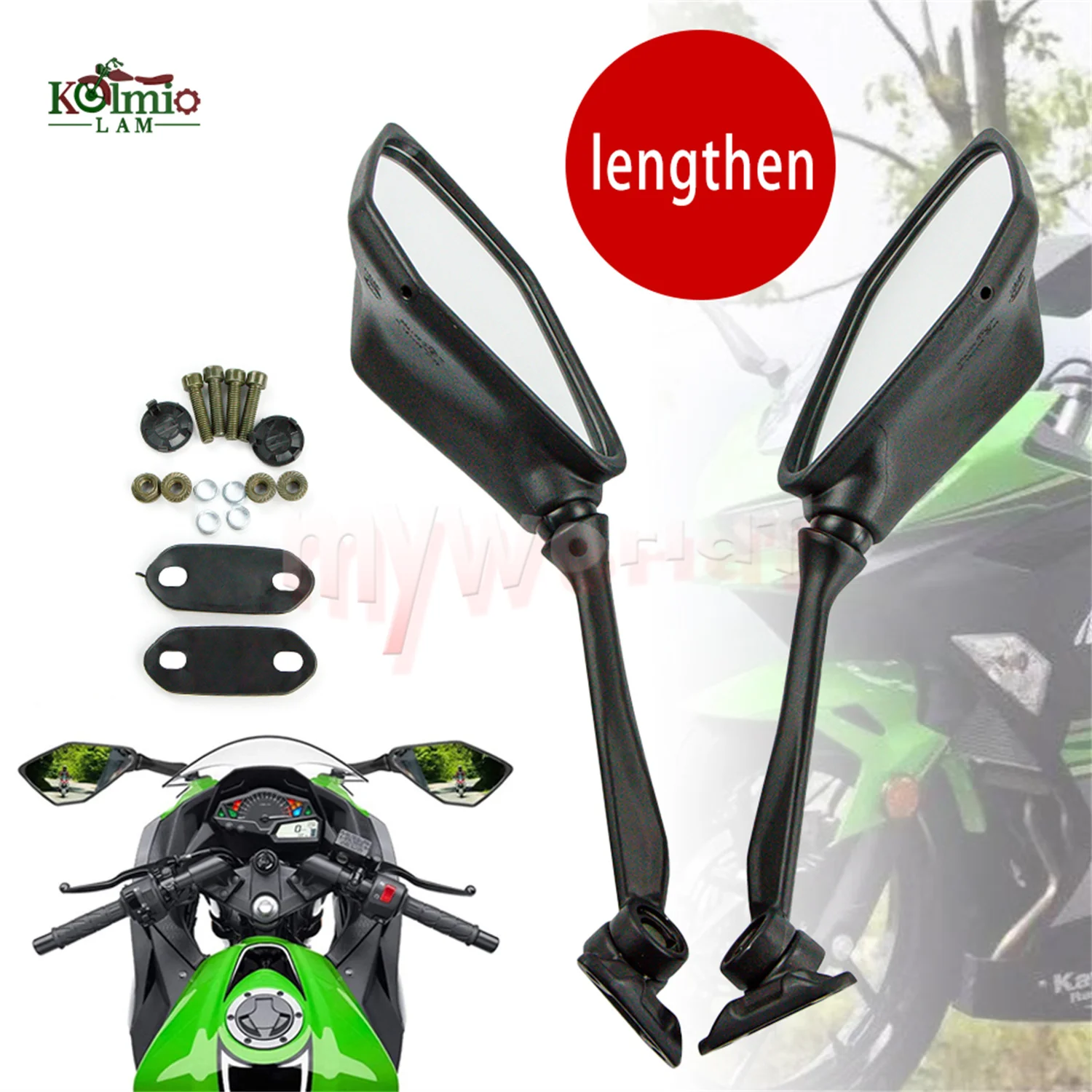 

Удлиненное боковое зеркало заднего вида подходит для KAWASAKI NINJA 300 250 400 650 ER-6F ZX6R ZX636 ZX-6R ER6F EX300 EX250 EX400 EX650