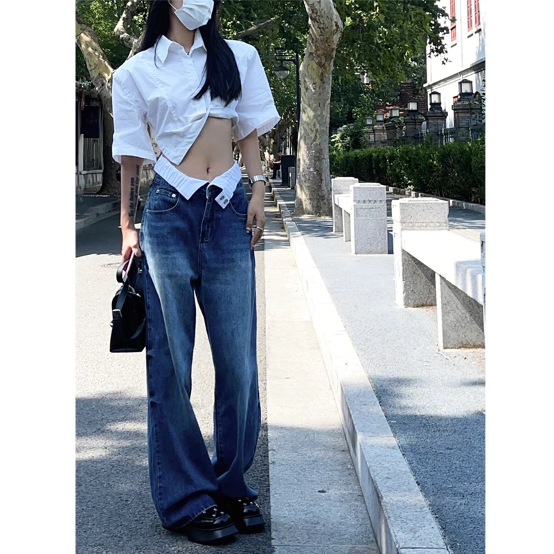 

Blue Cargo Pants Women Vintage Streetwear Flared High Waisted Jeans Casual Wide Leg Baggy Jeans Women Korean Fashion y2k