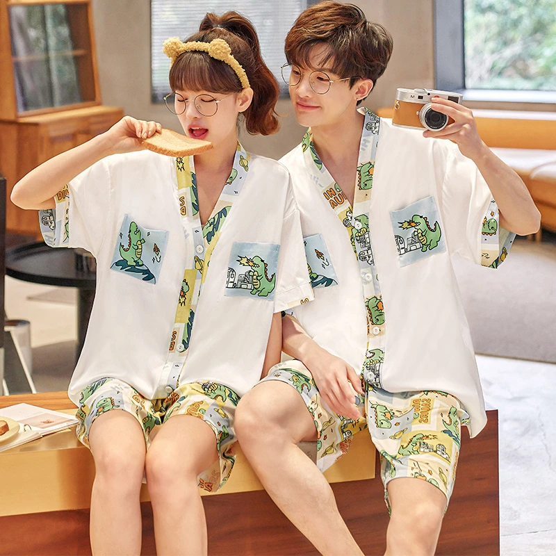 Couple Summer Pajama Sets Women Men Cartoon Dinosaur Korean Loose V-Neck Pyjama Home Clothes Sleepwear Silk Adult Loungewear