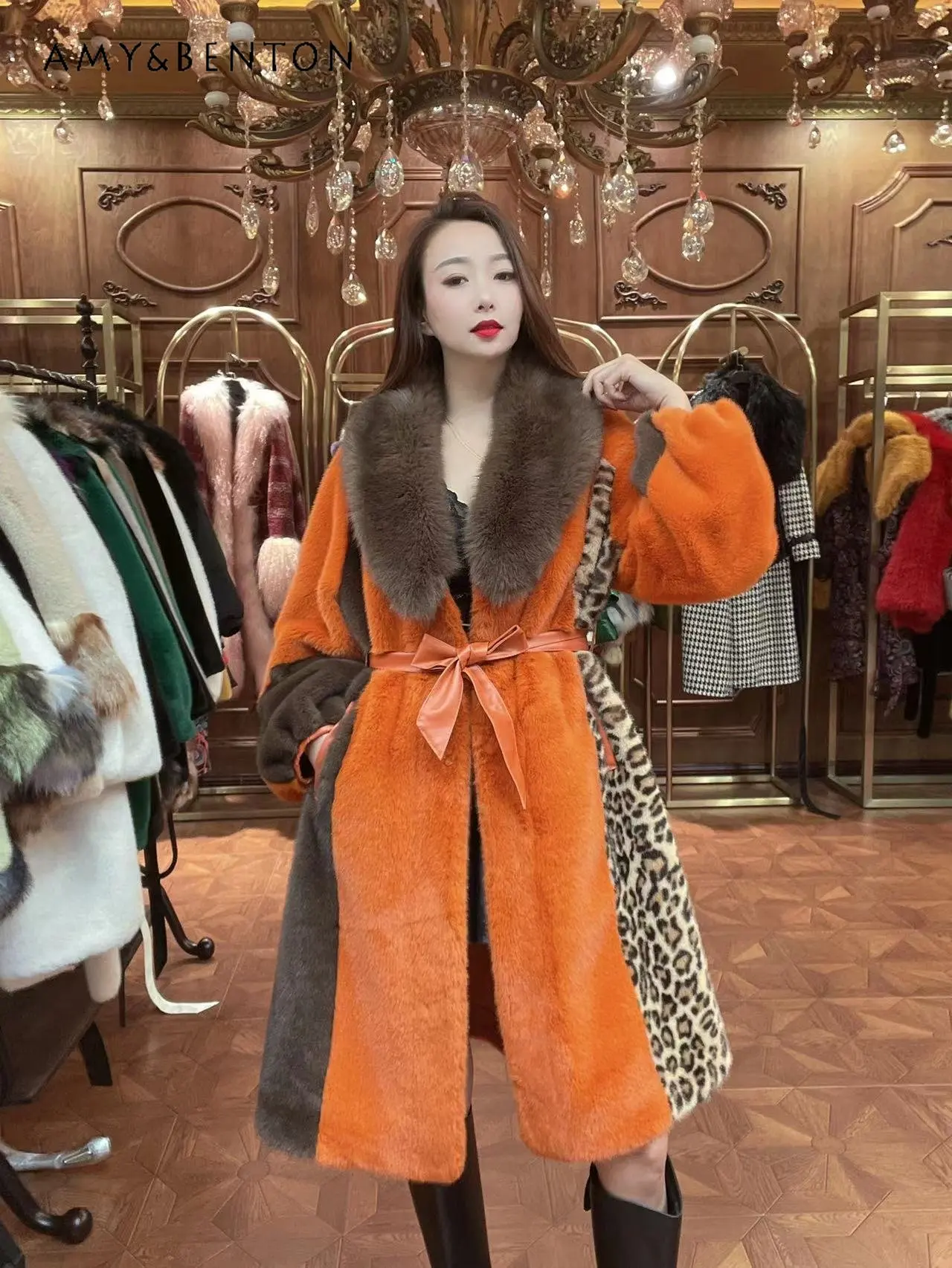 

Autumn and Winter New Model Style Long Sleeve Clothing Leopard Print Patchwork Lace-up Waist Long Below The Knee Mink Fur Coat