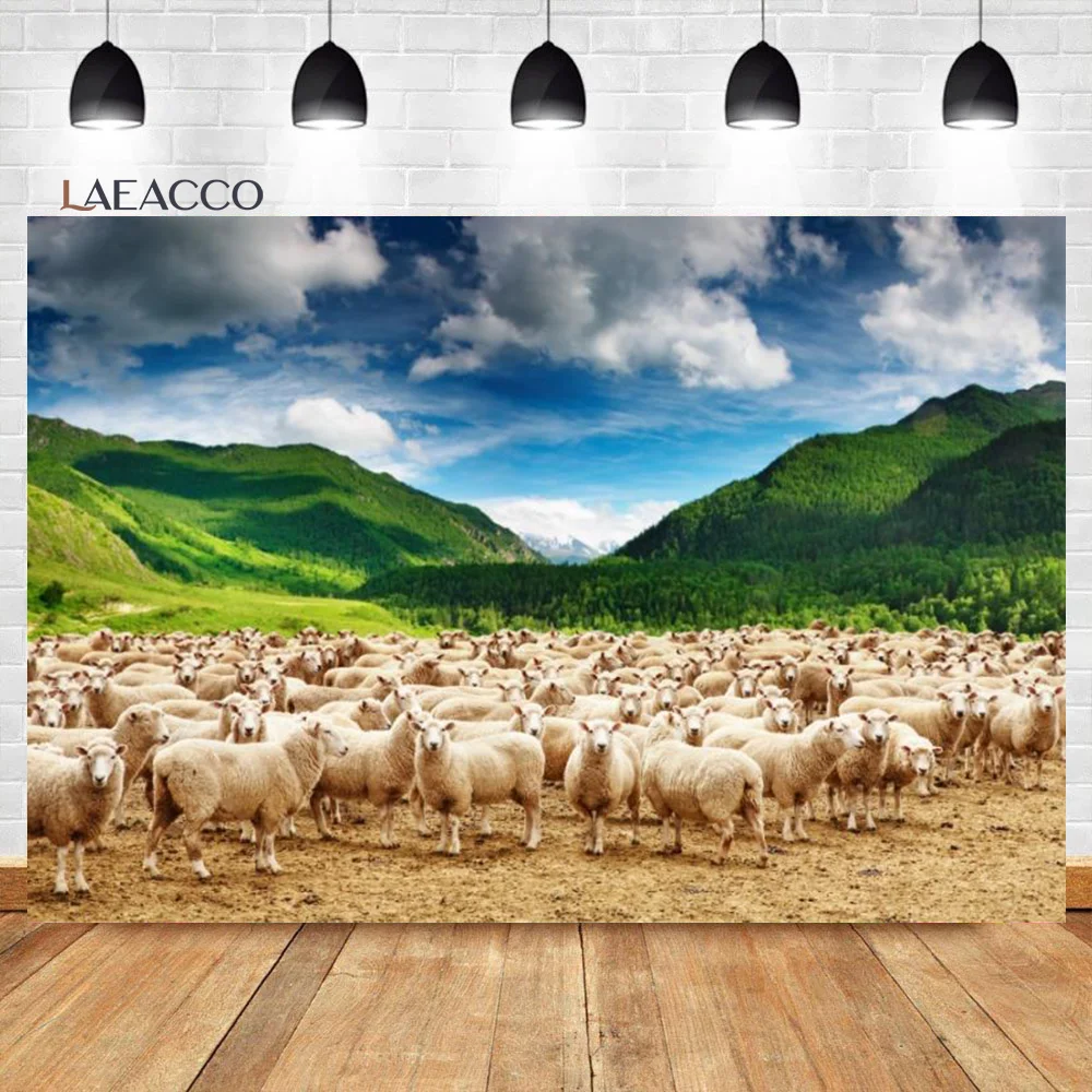Laeacco зеленый луг пастбище природный ландшафт коровы Фотофон цветы облака