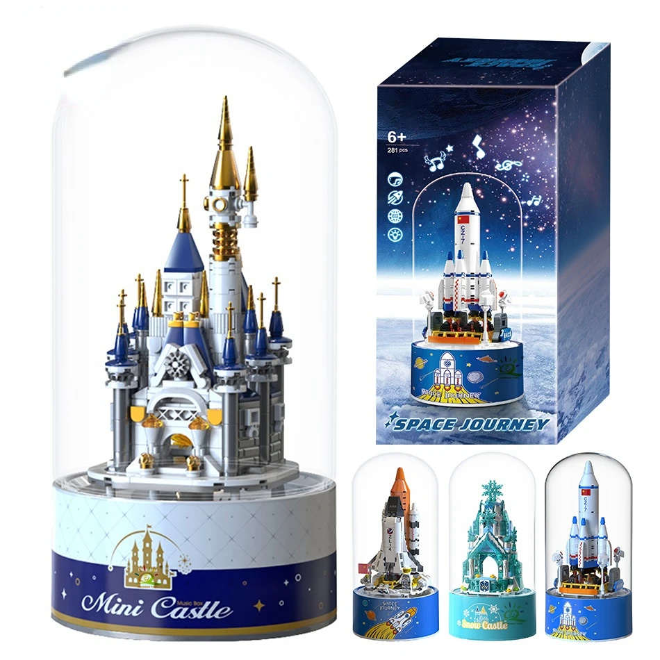 

Music Box Series Building Blocks Ice Snowing Castle Space Rocket with Figures City Bricks Toys for Children Friend Gift