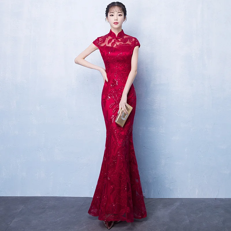 Woman Retro Oriental Slim Long Mermaid Cheongsam Chinese Style Vintage Qipao Toast Clothing Elegant Wedding Party Dresses