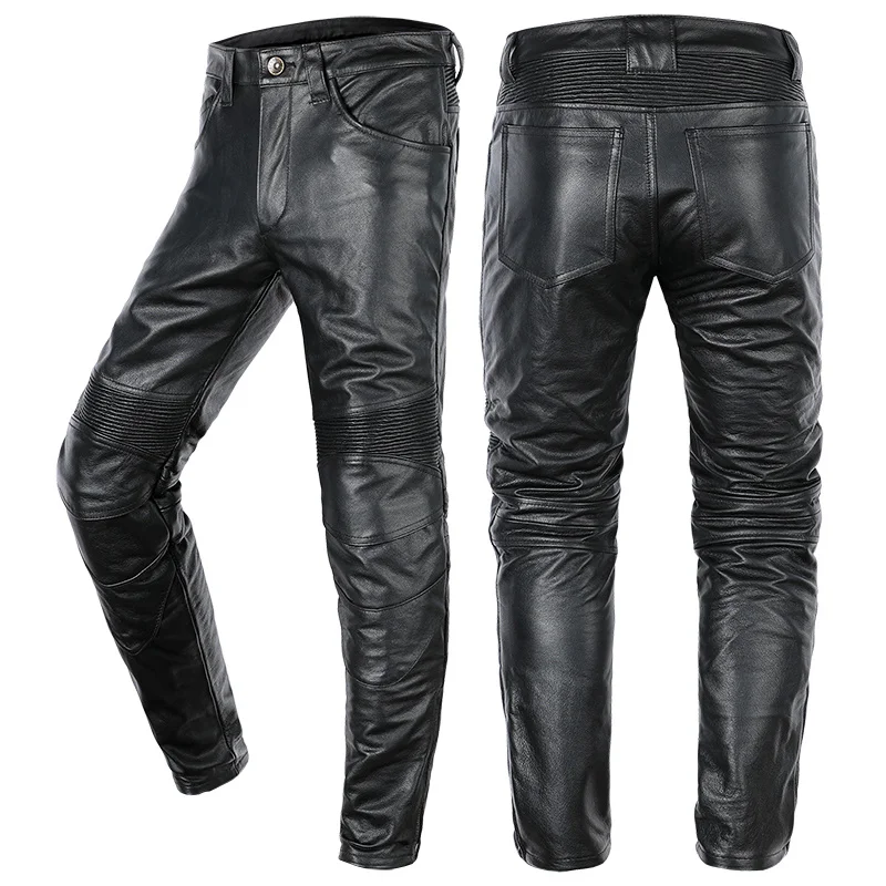 

Classic Black Motorcycle Style Leather Pants Men's Install protective gear Genuine Cowhide Leather Trousers Biker's Slim Pants