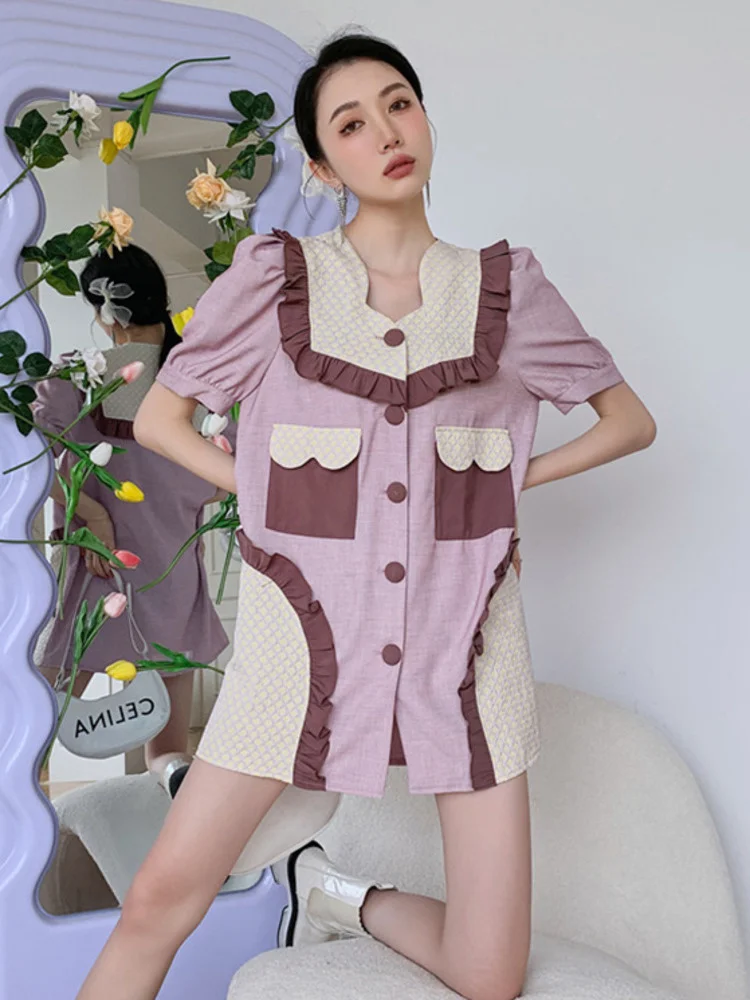 

Pink Bubble Sleeve Suit Single Breasted Dress Summer 2022 New High-end Design Female Fashion Slim Fit Clothing G139