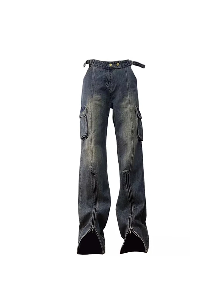

Женские джинсы-карго Y2k, винтажные мешковатые ковбойские брюки с широкими штанинами, джинсы с высокой талией, модные джинсовые брюки на молнии, летняя уличная одежда