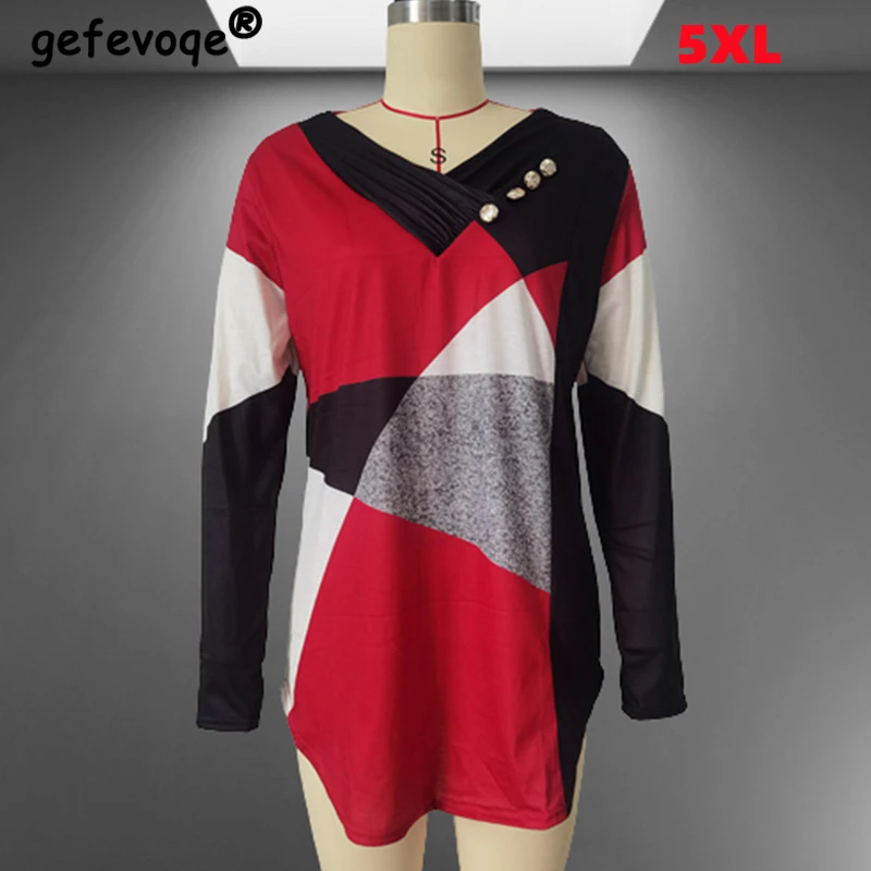 

Autumn Vintage Plaid Patchwork Print Button Tshirt Female Long Sleeve Fashion Y2K Top Loose Oversized Casual Women's T-Shirt 5XL