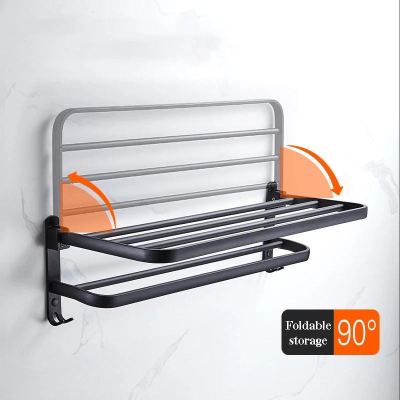 bathroom towel rack 40 60cm shower room holder wall mounted matte black aluminum folding storage shelf with hook accessories free global shipping