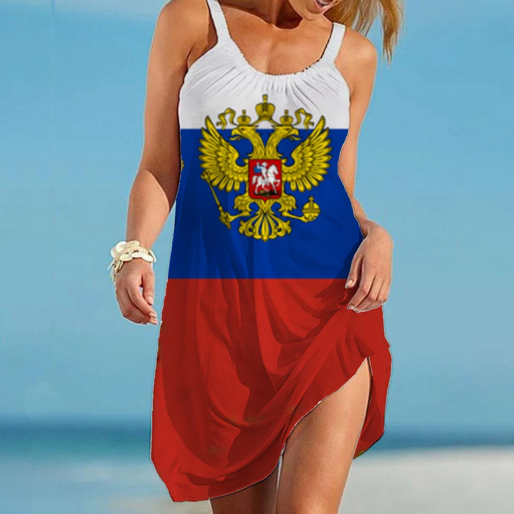 Russian Flag Dress Women Fashion Beach Dress Ladies Clothing Russian National Emblem Dress Loose