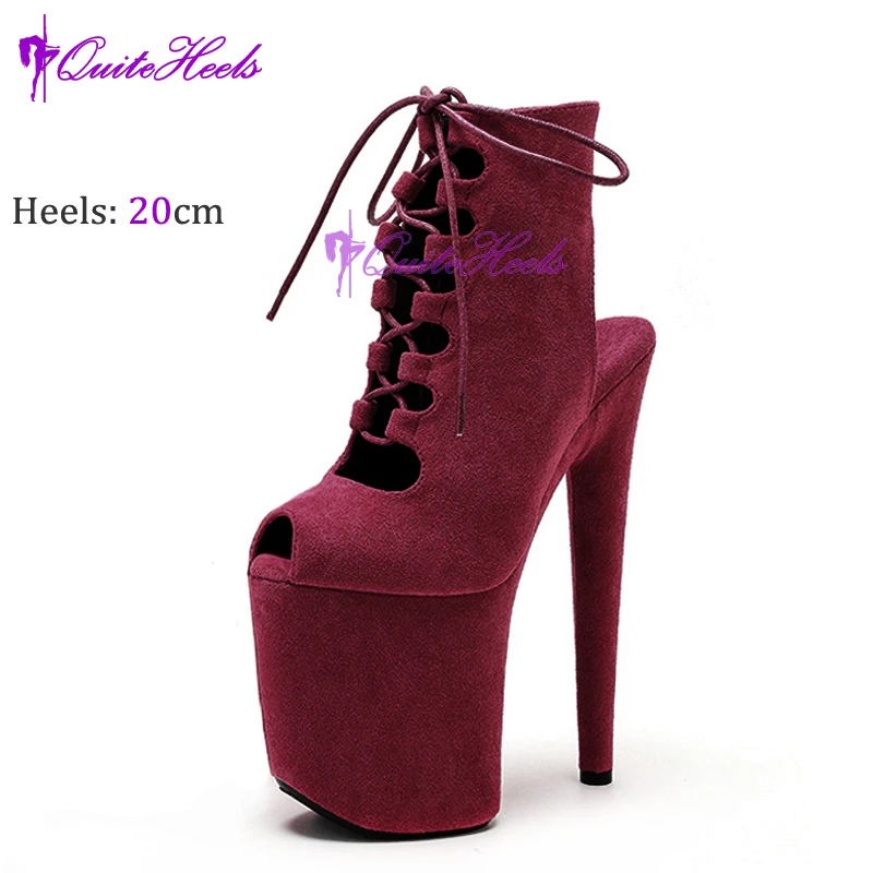 Сексуальная обувь рыбий рот 20 см ботинки на очень каблуке в полоску замшевая