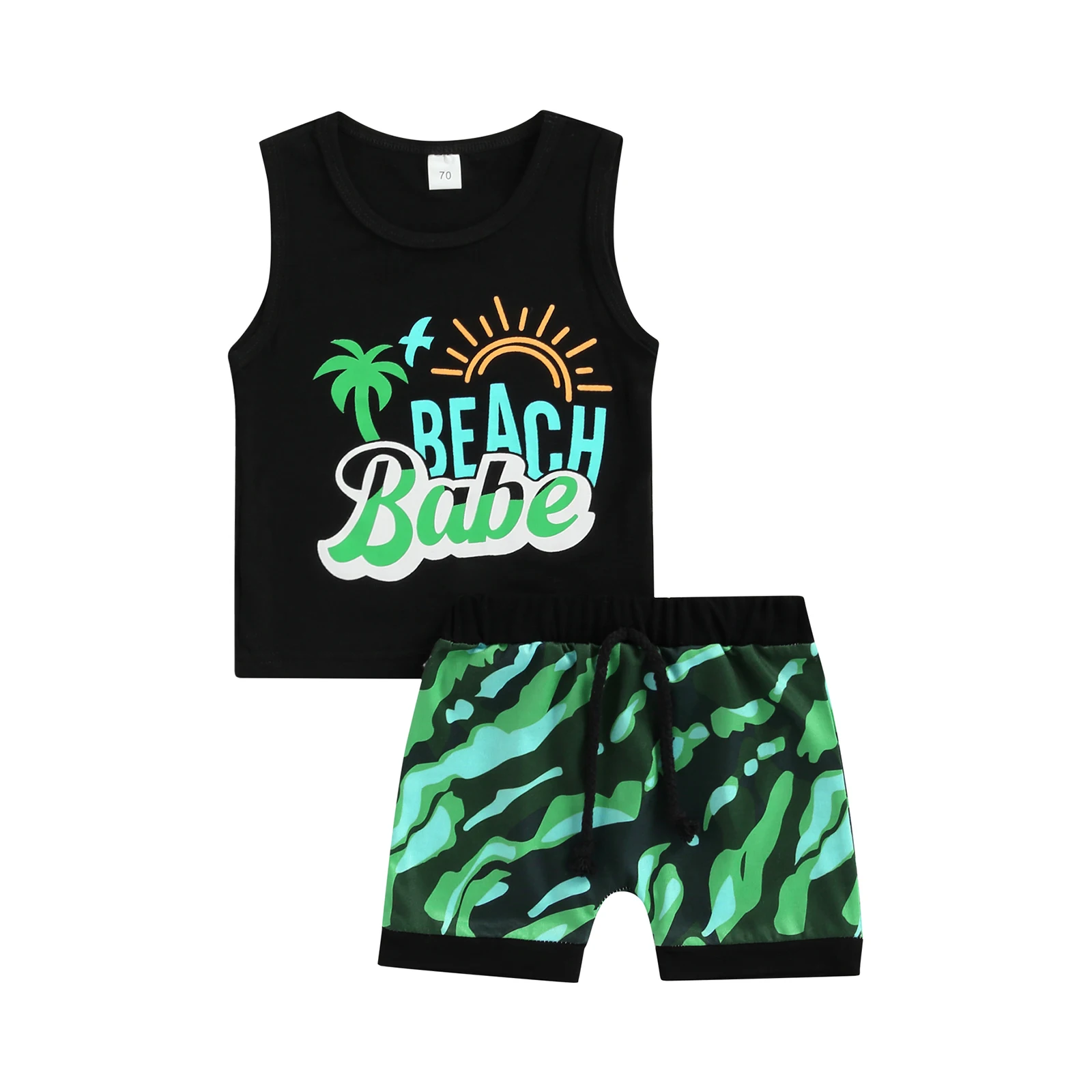 

Cool Baby Boys Clothing Shorts Set Sleeveless Round Neck Lettering Tops Elastic Waist Drawstring Camouflage Shorts for Summer