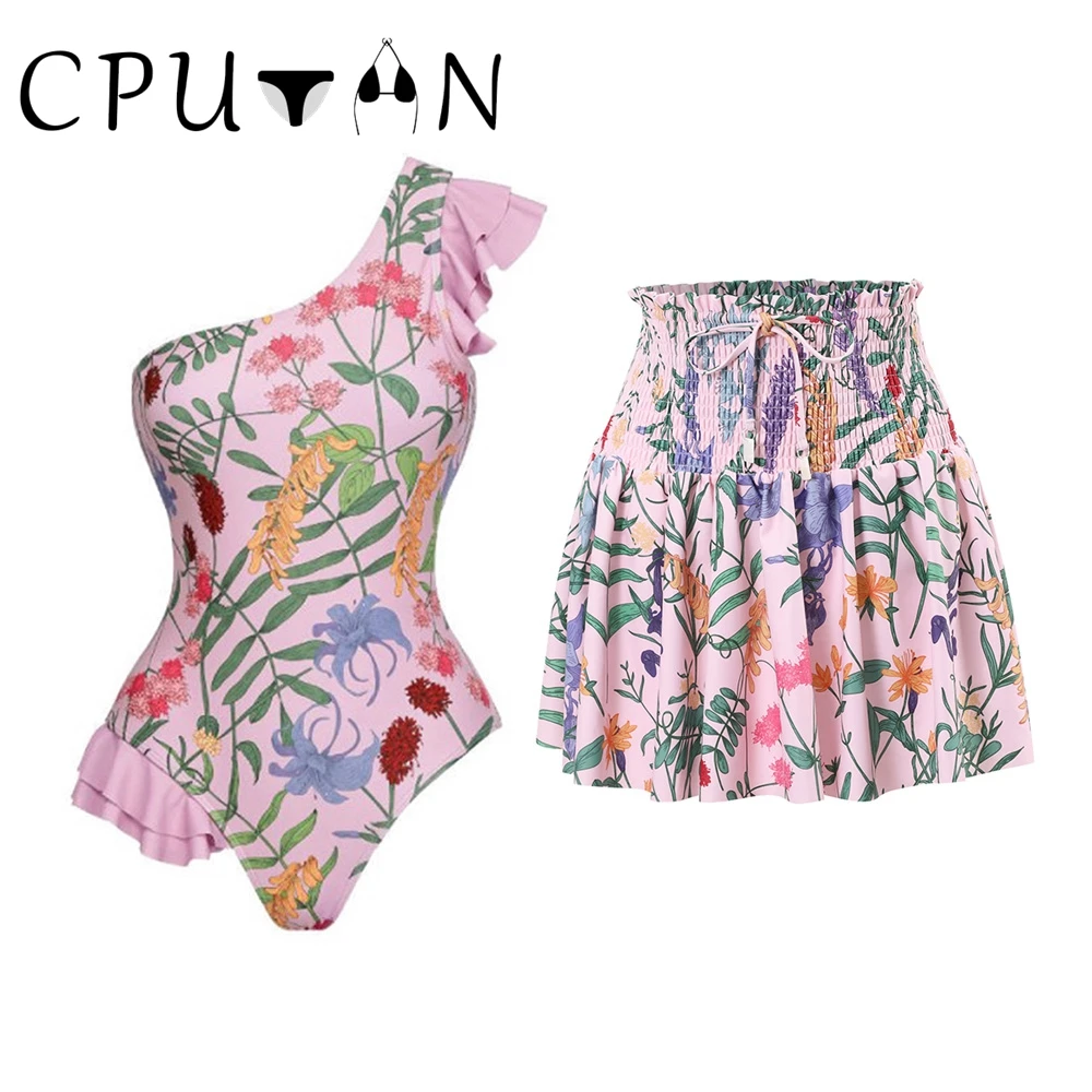 

CPUTAN 2024 Ruffle One Shoulder Bikini Set Sexy One Piece Swimsuit Skirt Retro Swimwear Floral Biquini Bathing Suit Beach Dress