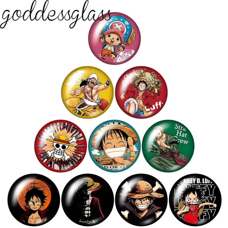 Фото Набор из 10 круглых стеклянных кабошонов One Piece (Луффи, Зоро, Нами, Тони Тони Чоппер) 12/18/20 мм с плоским основанием для изготовления брелоков №1
