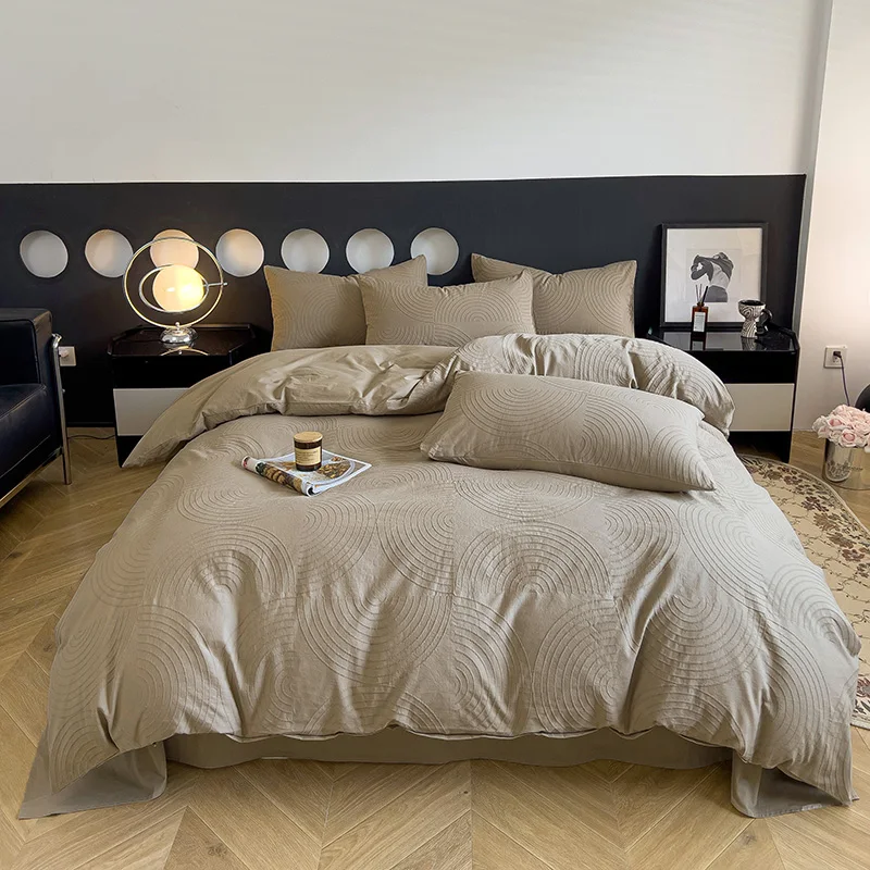 Tiao (Bedding Article) Waffle Jacquard Double-Layer Yarn Four-Piece Set Simple Solid Three-Piece Bedding