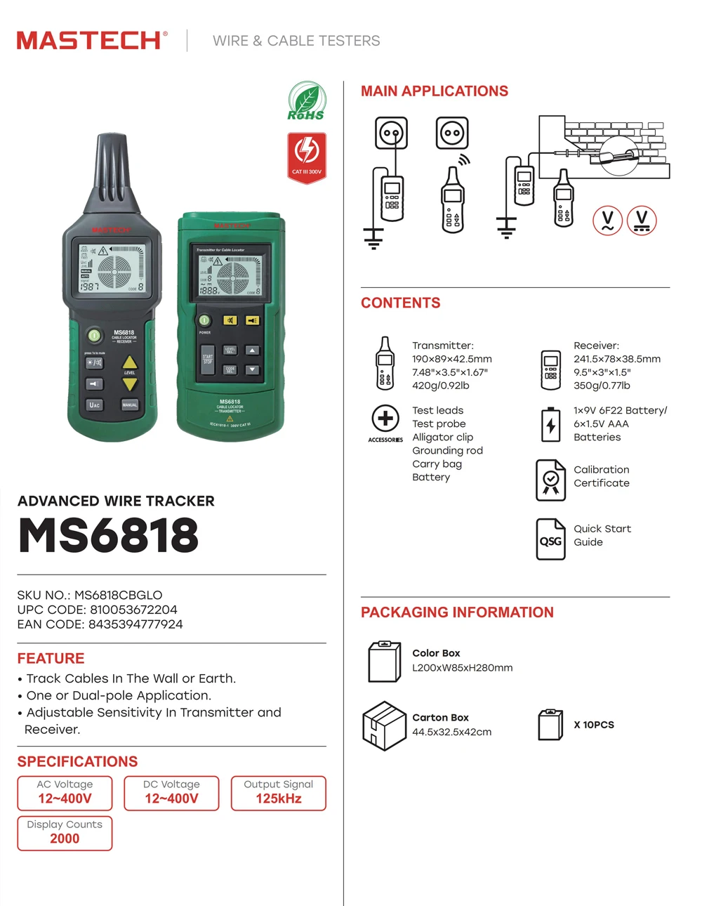 Портативный профессиональный тестер проводов и кабелей MASTECH MS6818