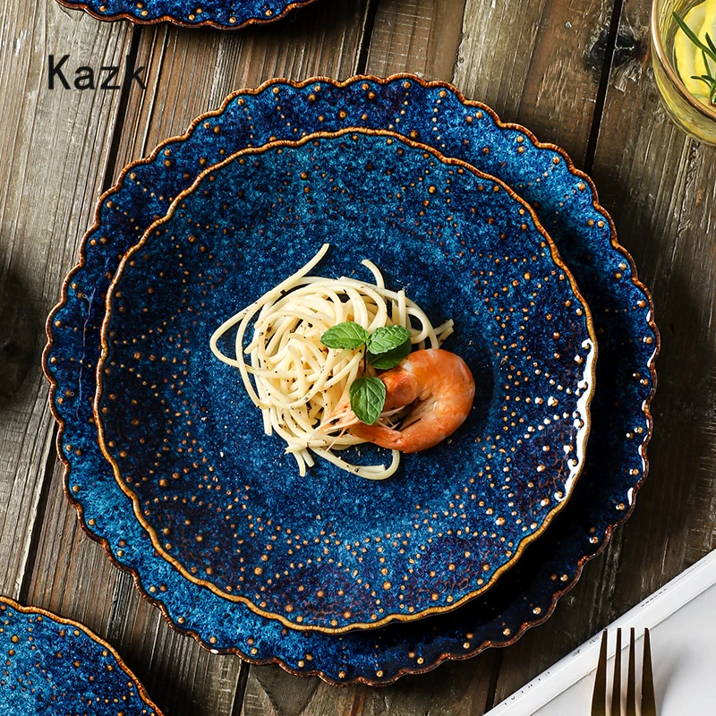 

Керамическая тарелка синего цвета в скандинавском стиле, креативная модная Западная Посуда, тарелки для стейка, десерта, салата, сервировоч...