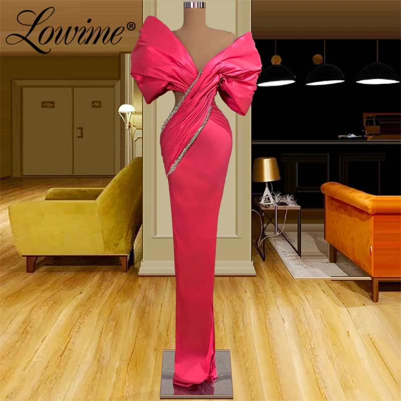 

Lowime Hot Pink Mermaid Party Dress Arabic V Neck Elegant Evening Gowns 2023 Crystals Celebrity Dresses Long Prom Dress Robes