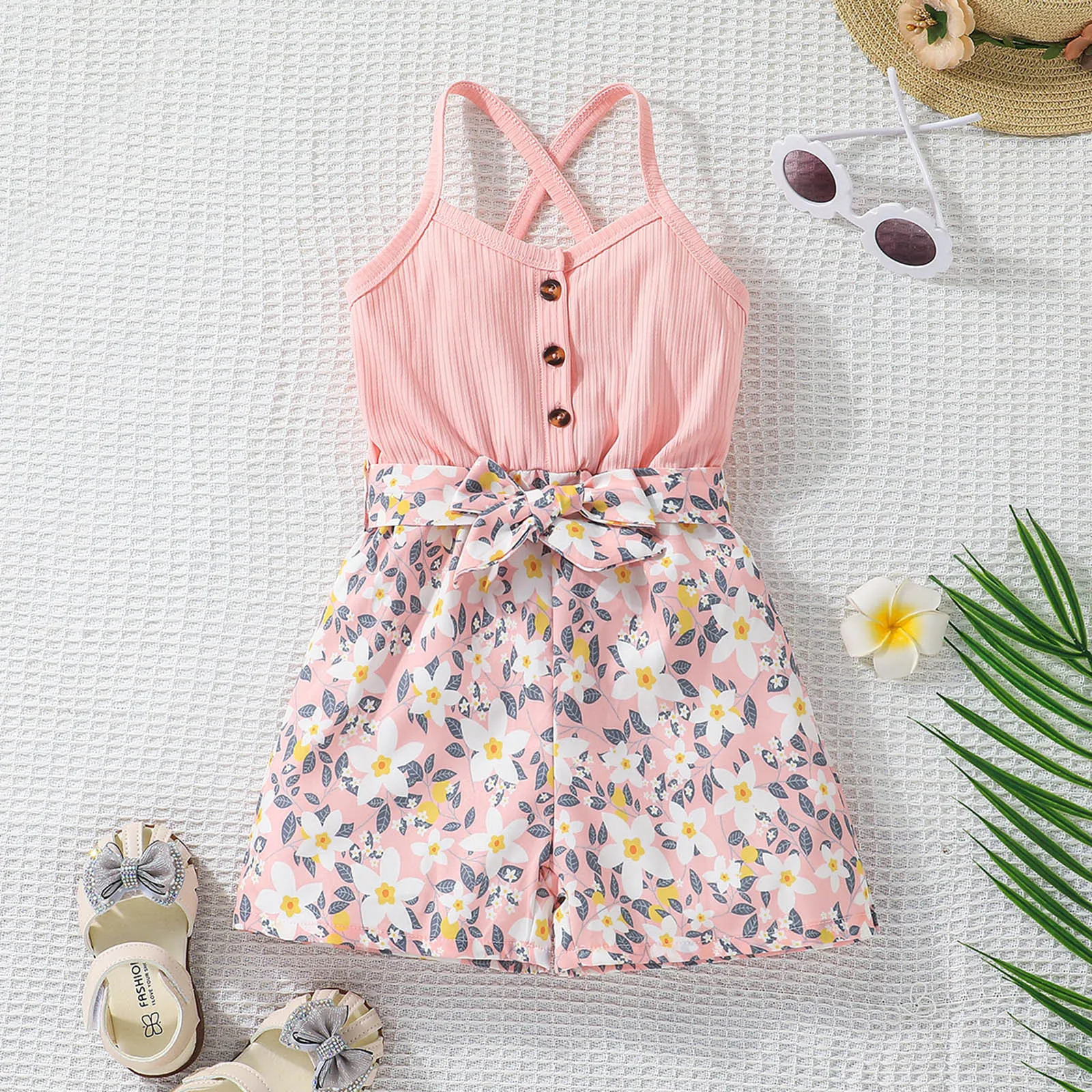

Toddler Kids Girls Sleeveless Romper Floral Printed Suspenders Jumpsuit Toddler Girl Clothes Summer Yellow Dresses for Big Girls