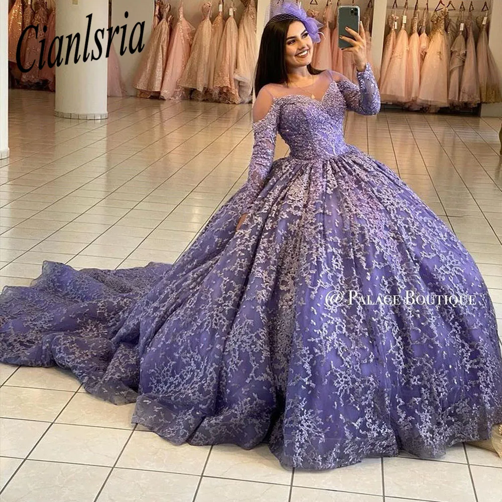 

Женское платье с длинным рукавом, фиолетовое бальное платье, кружевной корсет с аппликацией, милое праздничное платье для праздника 16 лет XV
