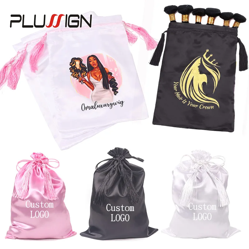 Custom Logo 20Pcs/Lot Satin Wig Bags With Drawstring Tassel Black Pink Hair Storage For Packaging Hair Expensive Wigs Gift