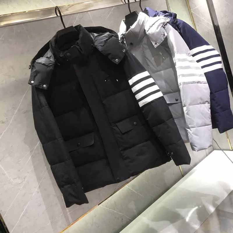 New TB Men's Down Coat Original Striped Design Fashion Brand Down Jacket High Quality Famous Tops Men Solid Puffer Winter Coats