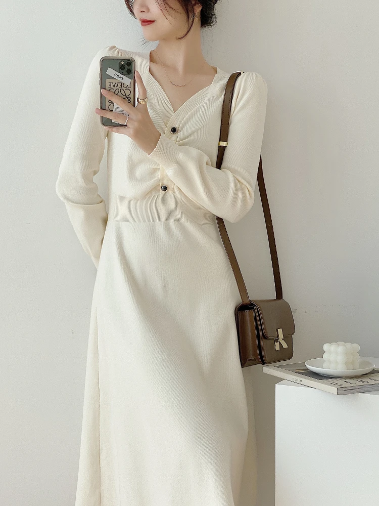 

Vintage V-Neck Long Sleeve Sweater Knitted Dress Women Elegant Fashion Solid Casual high qualityEvening Midi Dresses Winter 2022