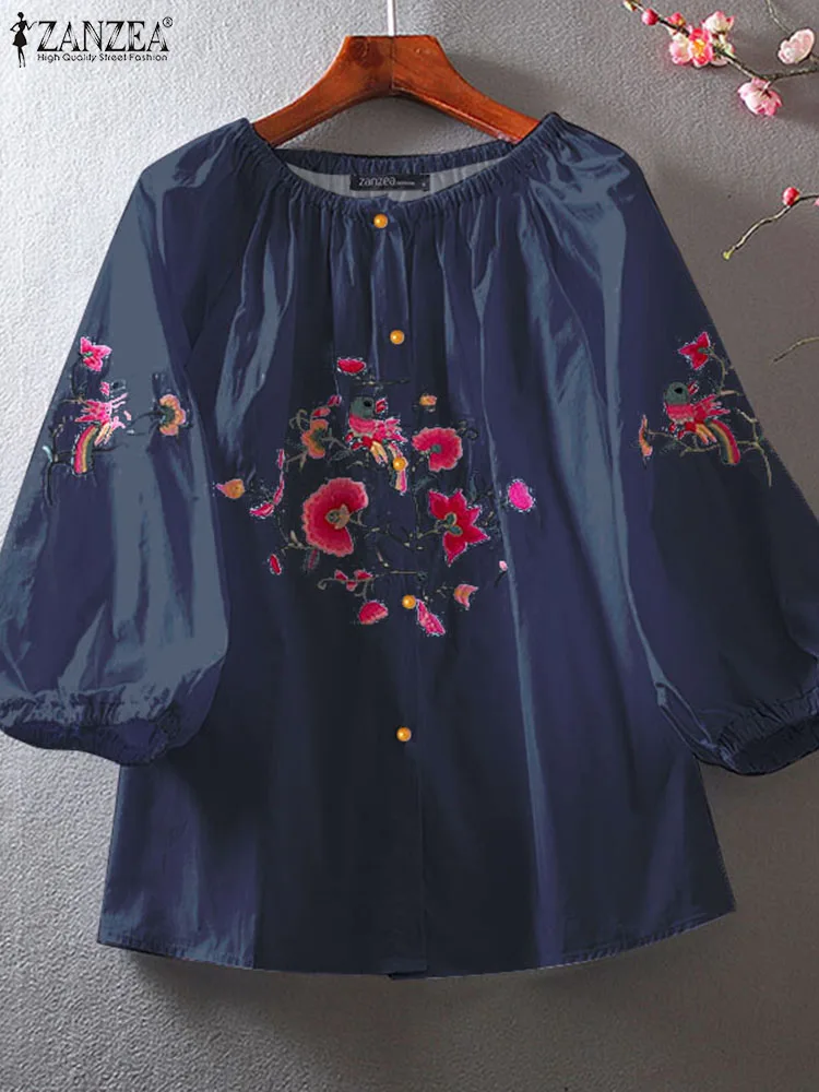 ZANZEA Винтажная Женская Осенняя Блузка С Круглым Вырезом И Рукавами 3/4 На Пуговицах