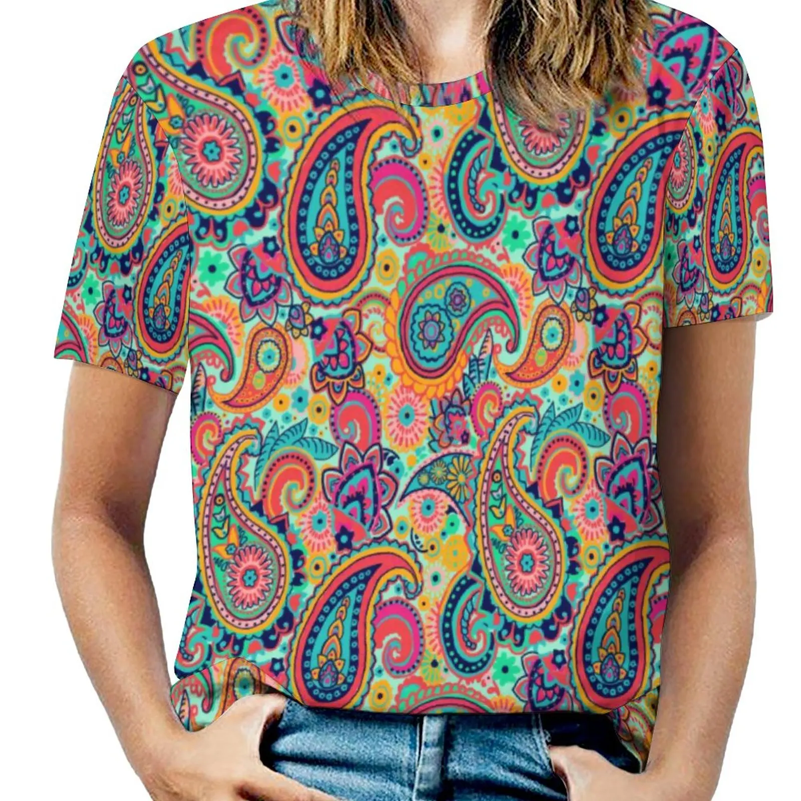 

Футболка в стиле Харадзюку с принтом радуги и Пейсли, Яркая стильная рубашка с коротким рукавом, летний топ большого размера на заказ