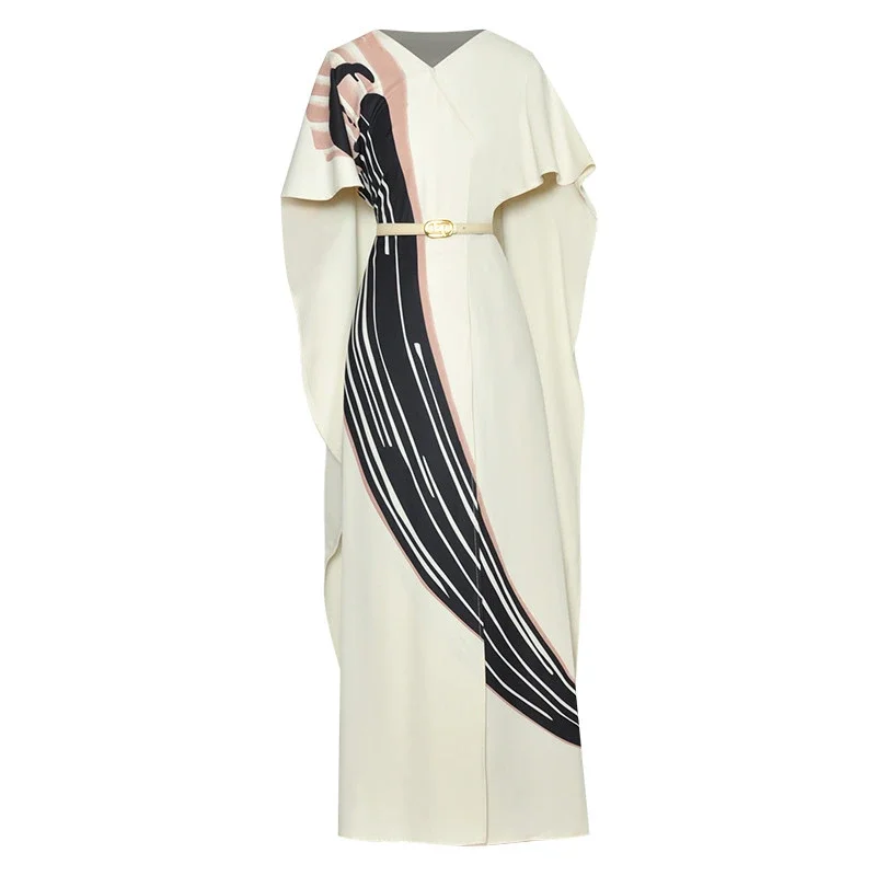 Fashion Designer Women Summer V-Neck Cloak Sleeves Loose Sashes Printed Maxi Long Floor-Length Dresses