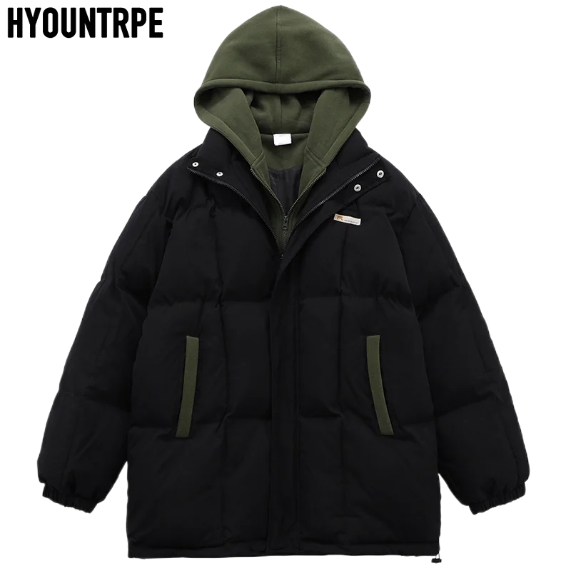 Mens Patchwork Hooded Jackets Hip Hop Warm Thick Cotton Padded Coat Harajuku Casual Zipper Winter Parkas Jacket Outerwear Coats