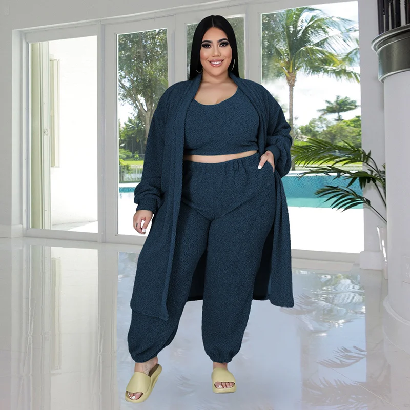 Plus Size Women Clothing 3 Pieces Sets Crop Top Vest and Long Sleeve Coat Pants Set Sexy Outfits Tracksuit Wh 3xl 4xl 5xl 6xl