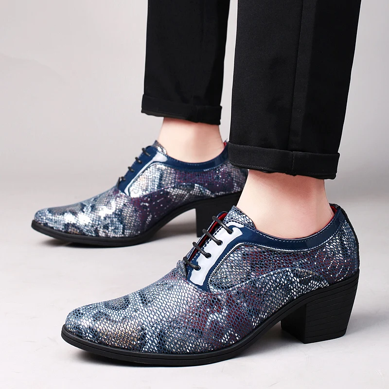 

New Fashion Blue Snake Shoes Dress Man Pointed Leather Men's High Heel Shoe Comfort Lace-up Casual Shoes Men zapatos de vestir