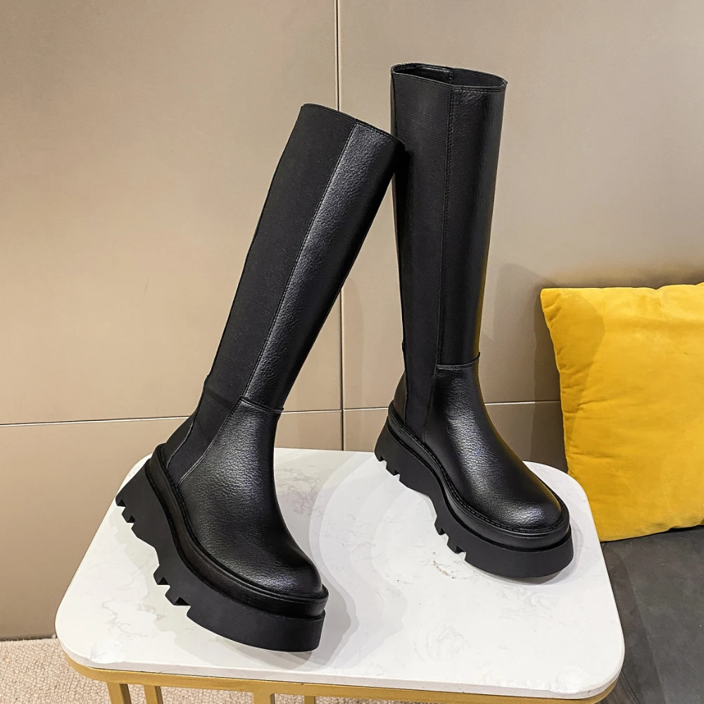 

2023 autumn new round head platform knight shoes leather high boots women's smoke tube flat thigh-high boots women's boots
